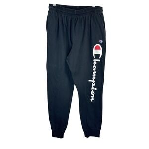 Champion Sweatpants Cotton Joggers Spell Out Logo Tapered Black Pockets Men's XL